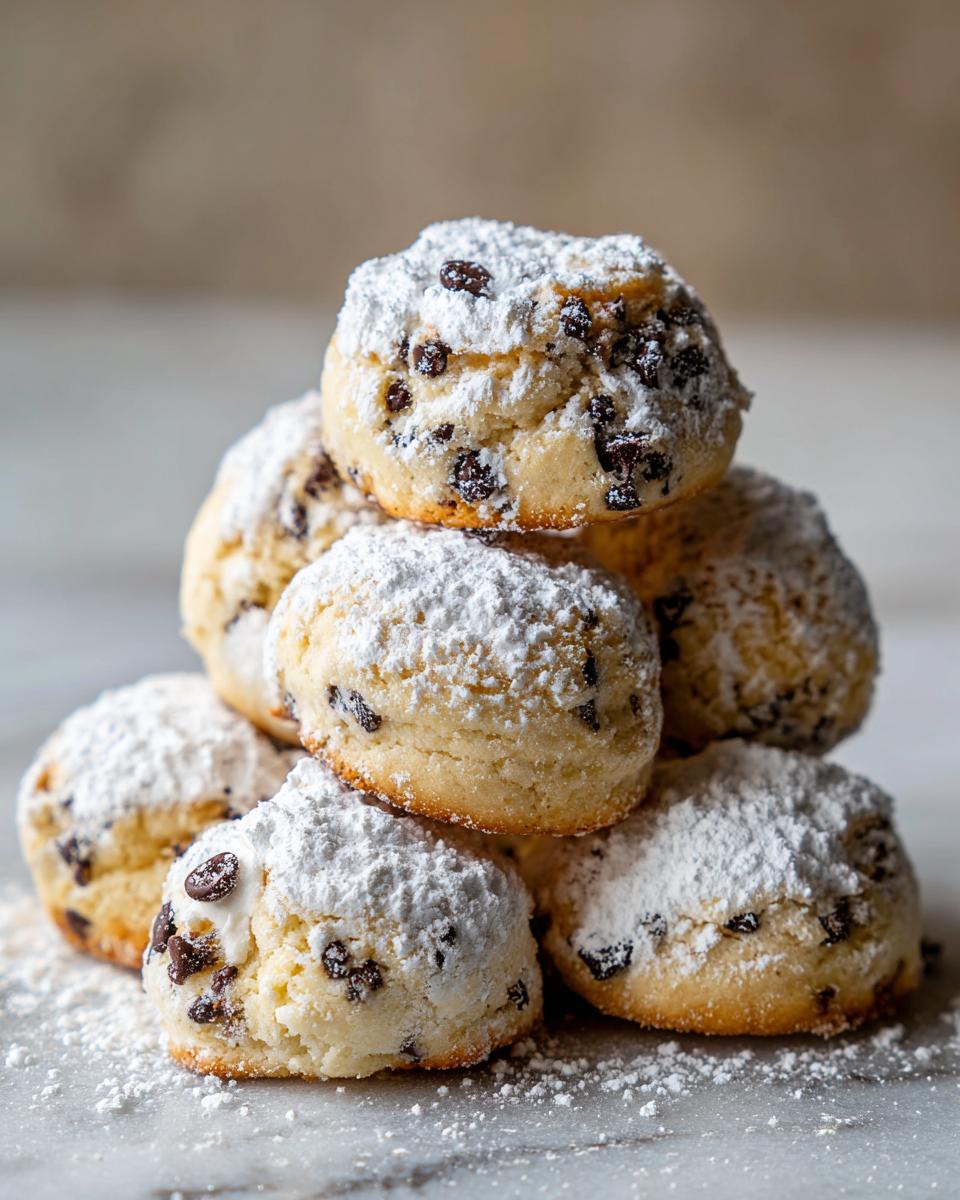 A small pyramid stack of freshly baked cannoli cookies filled with mini chocolate chips and heavily dusted with powdered sugar.
