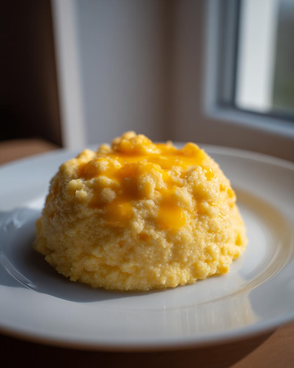 A mound of creamy, yellow cheese grits served on a white plate, topped with melted, bright orange cheese.