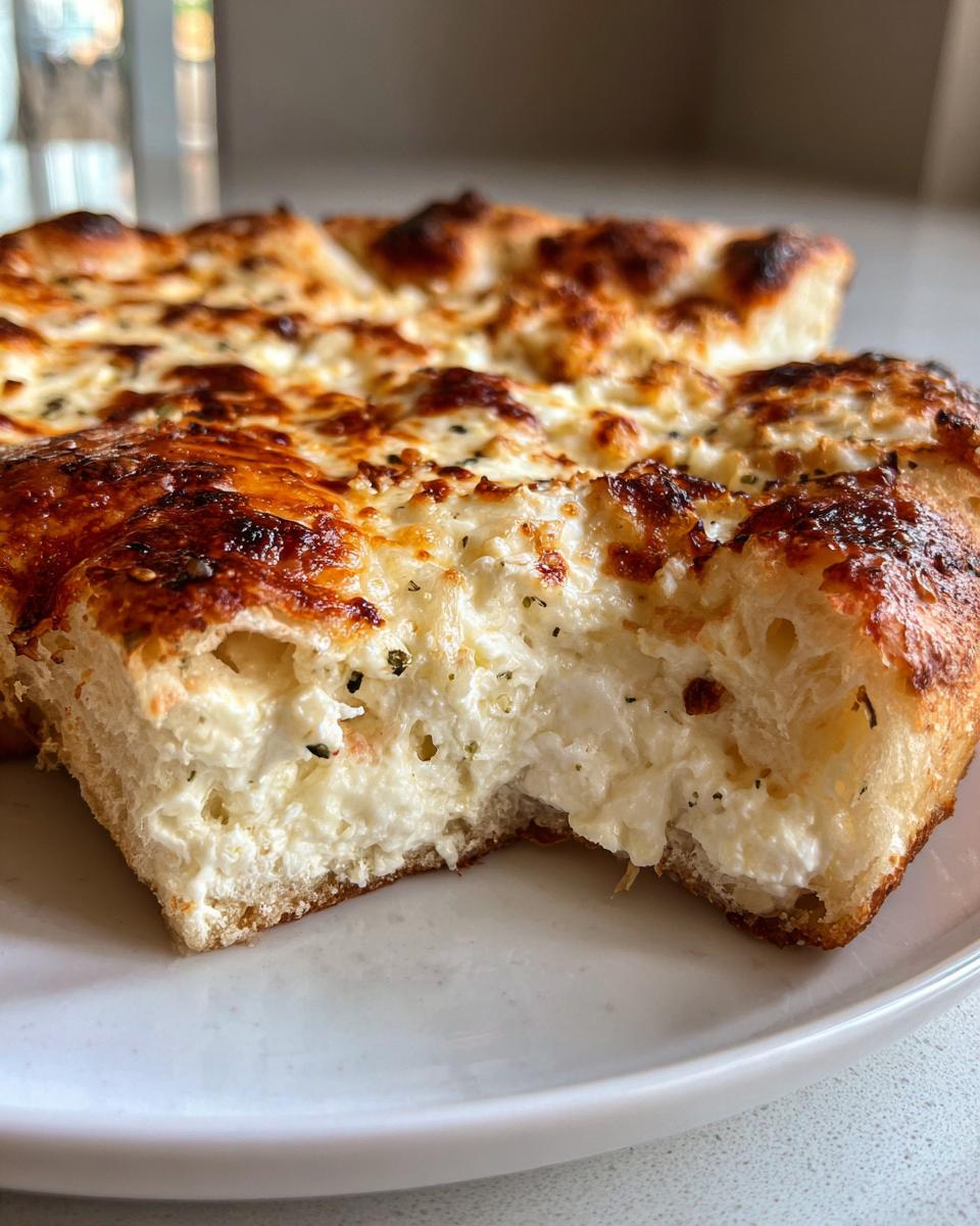 A close-up cross-section of a thick, fluffy white pizza slice showing the creamy, bubbly 3-cheese filling.
