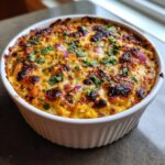 Close-up of a hot, cheesy elote dip baked until golden brown and bubbly in a white dish.