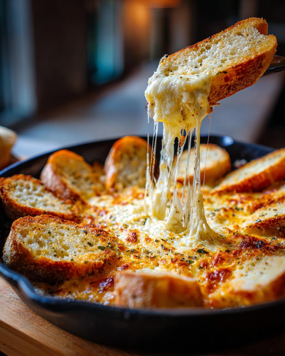 A slice of bread being pulled from a hot, cheesy bread dip, showing long, stretchy cheese strings.