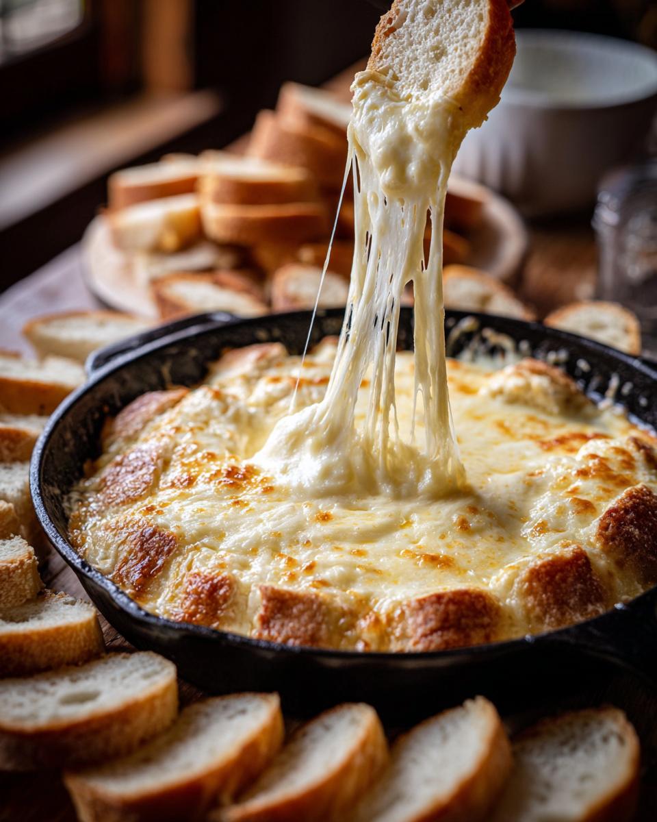A piece of bread is pulled out of a hot skillet of cheesy bread dip, showing an incredible cheese pull.