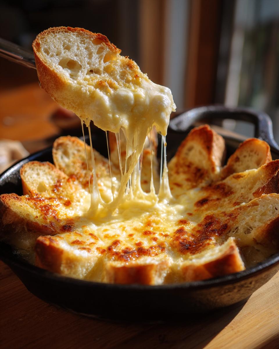 A slice of toasted bread is dipped into a hot, cheesy bread dip, showing long, stretchy cheese pulls.