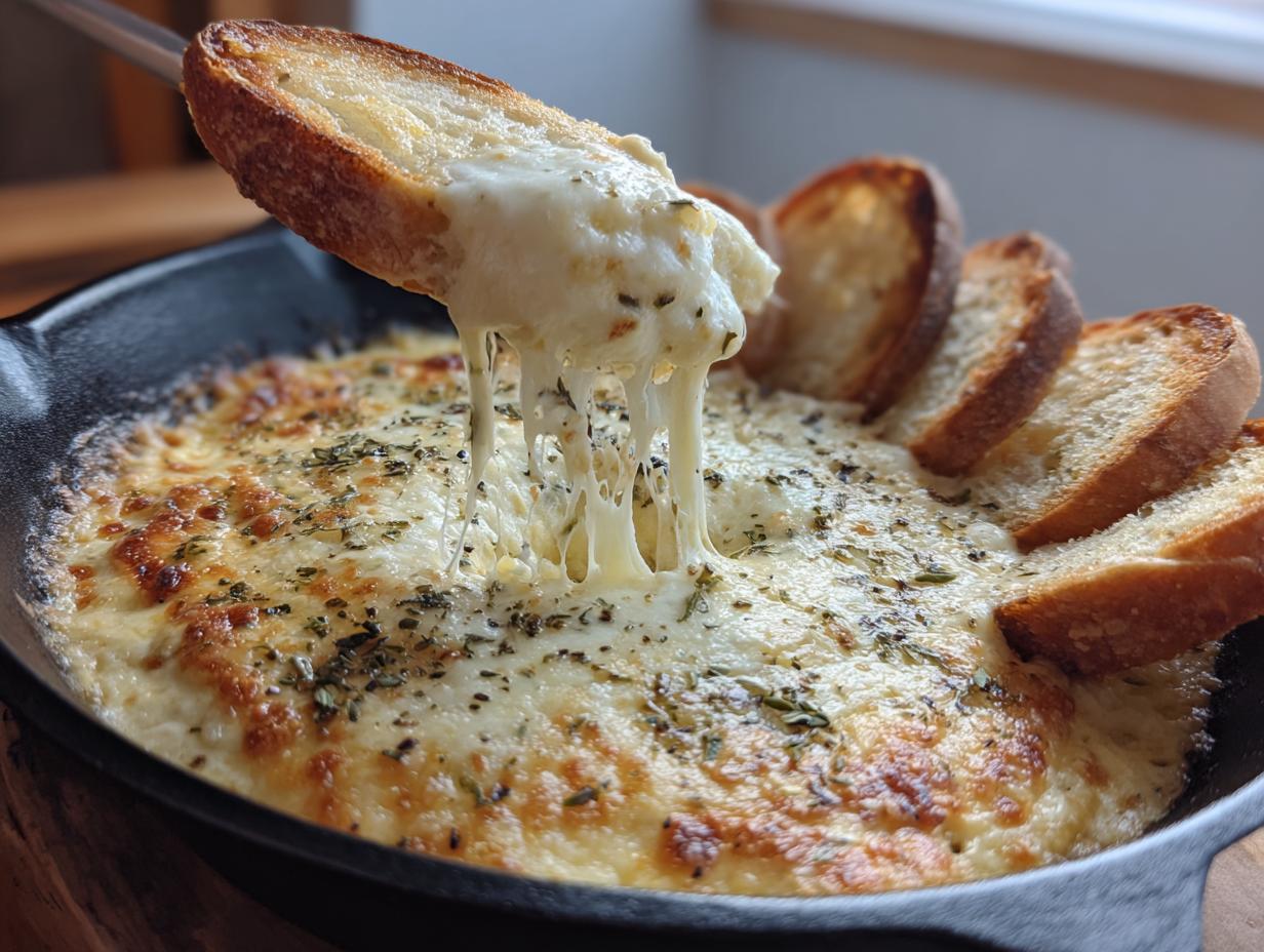A piece of toasted bread is lifting a cheesy, melted bread dip from a cast iron skillet, showing a long cheese pull.