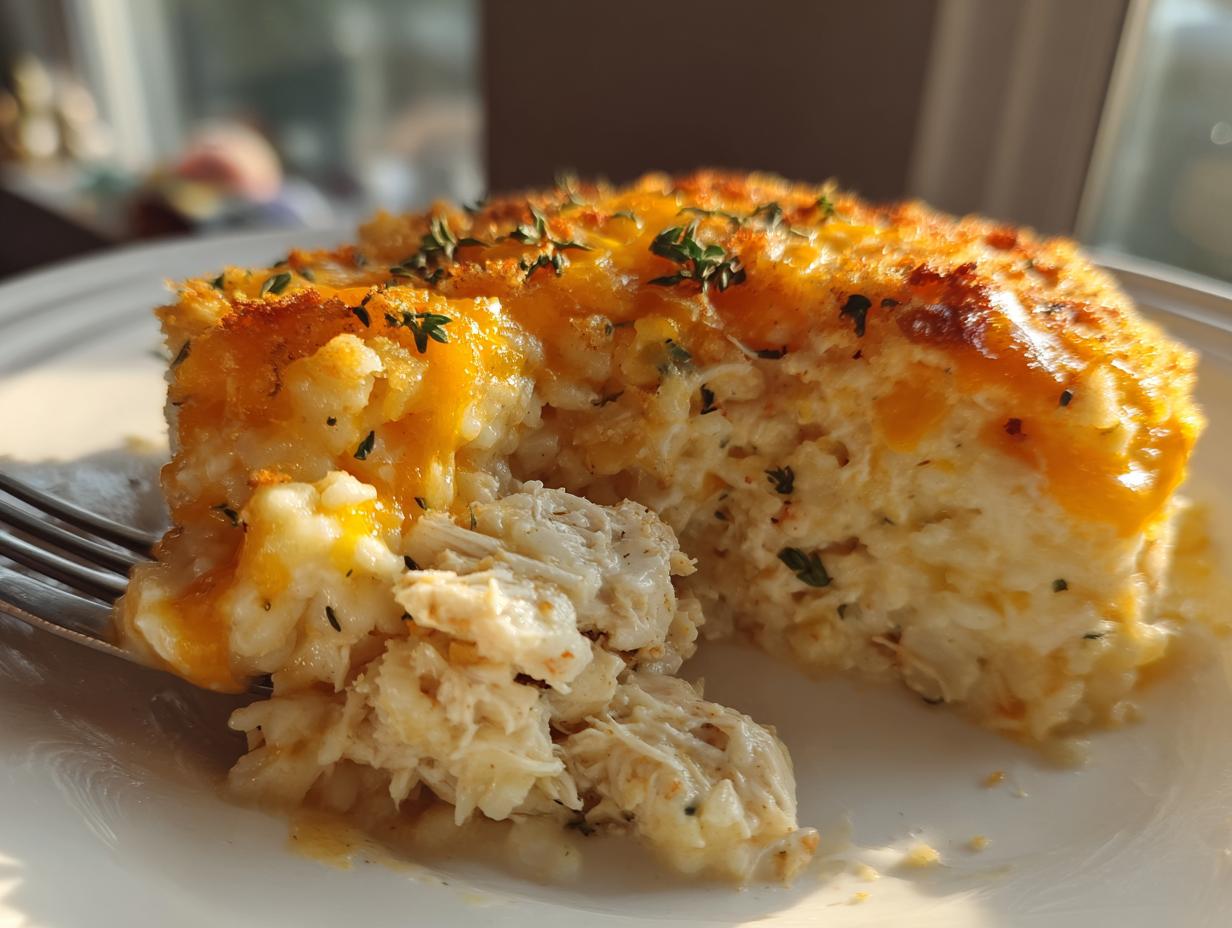 A close-up of a serving of creamy chicken and rice casserole with a melted, golden cheese topping.