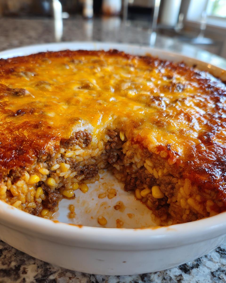 A close-up view of a baked mexican rice casserole in a white dish, showing layers of seasoned ground beef, rice, corn, and a melted, browned cheese topping.