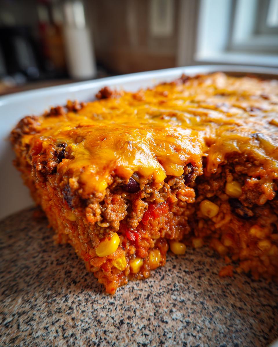 A close-up view of a serving removed from a baked mexican rice casserole topped with melted cheddar cheese.