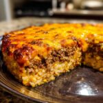 A close-up of a slice of mexican rice casserole showing layers of seasoned rice, ground beef, and melted, browned cheddar cheese topping.