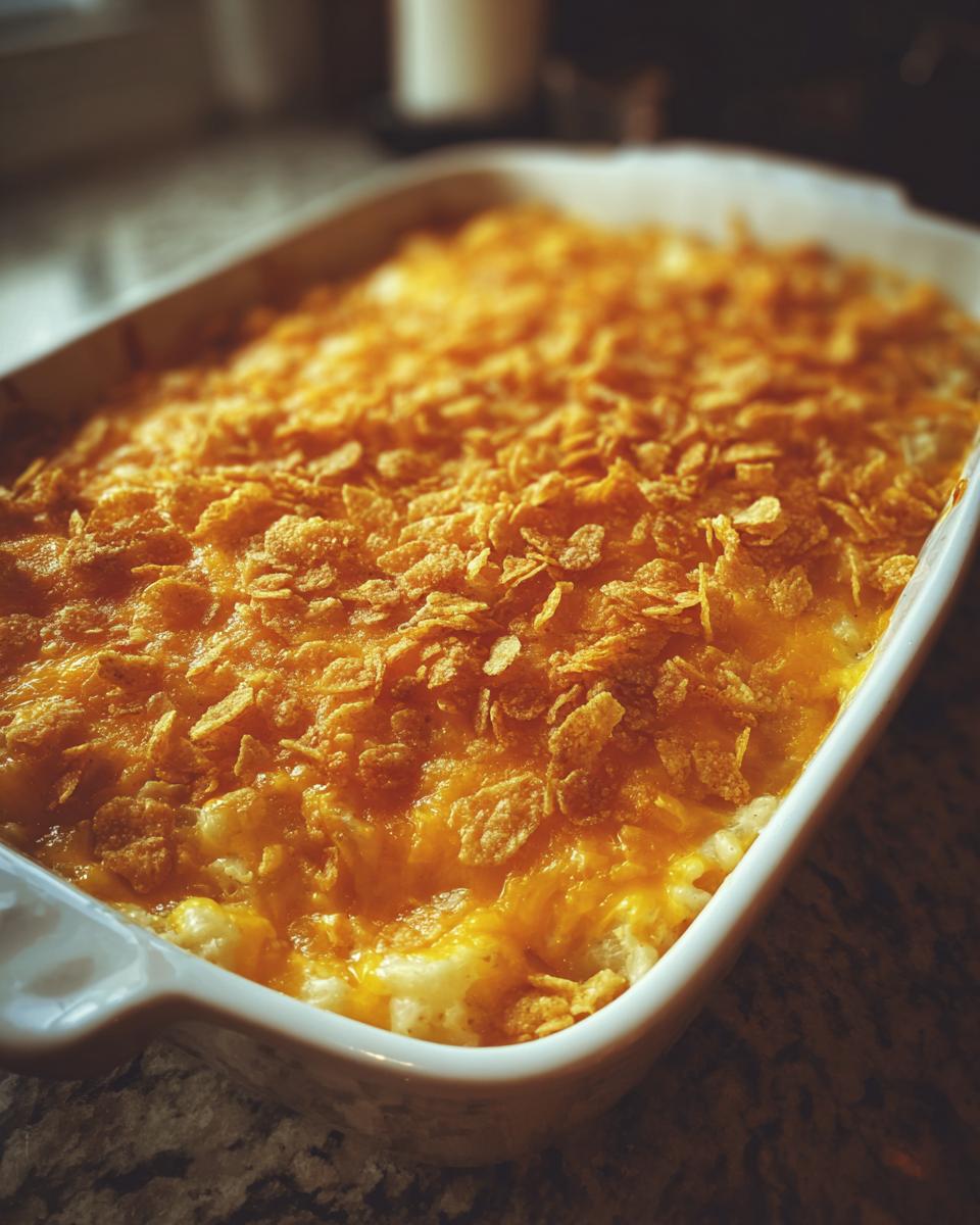 A close-up of a freshly baked cheesy potato casserole topped with melted cheddar and crispy cornflakes.