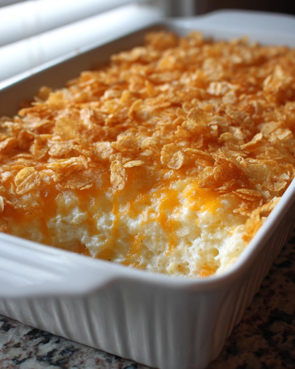 A close-up of a baked cheesy potato casserole in a white dish, topped with melted cheddar and crunchy cornflakes.