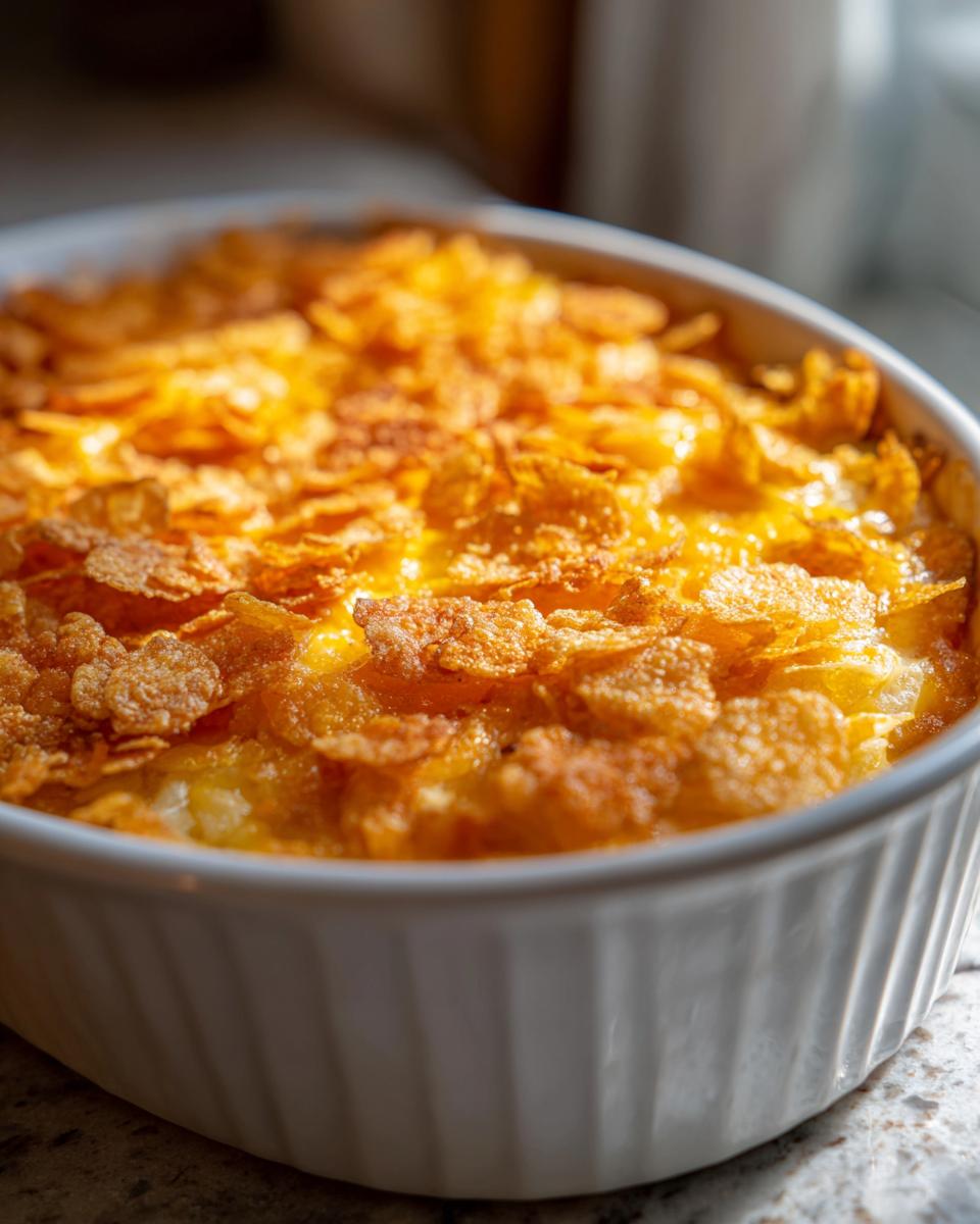 Close-up of a baked cheesy potato casserole topped with golden, crunchy cornflakes in a white baking dish.
