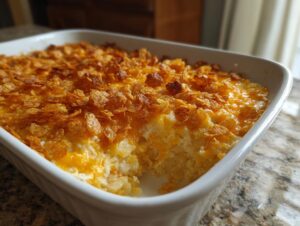 A close-up of a baked cheesy potato casserole in a white dish, topped with melted cheddar and crunchy cornflakes.