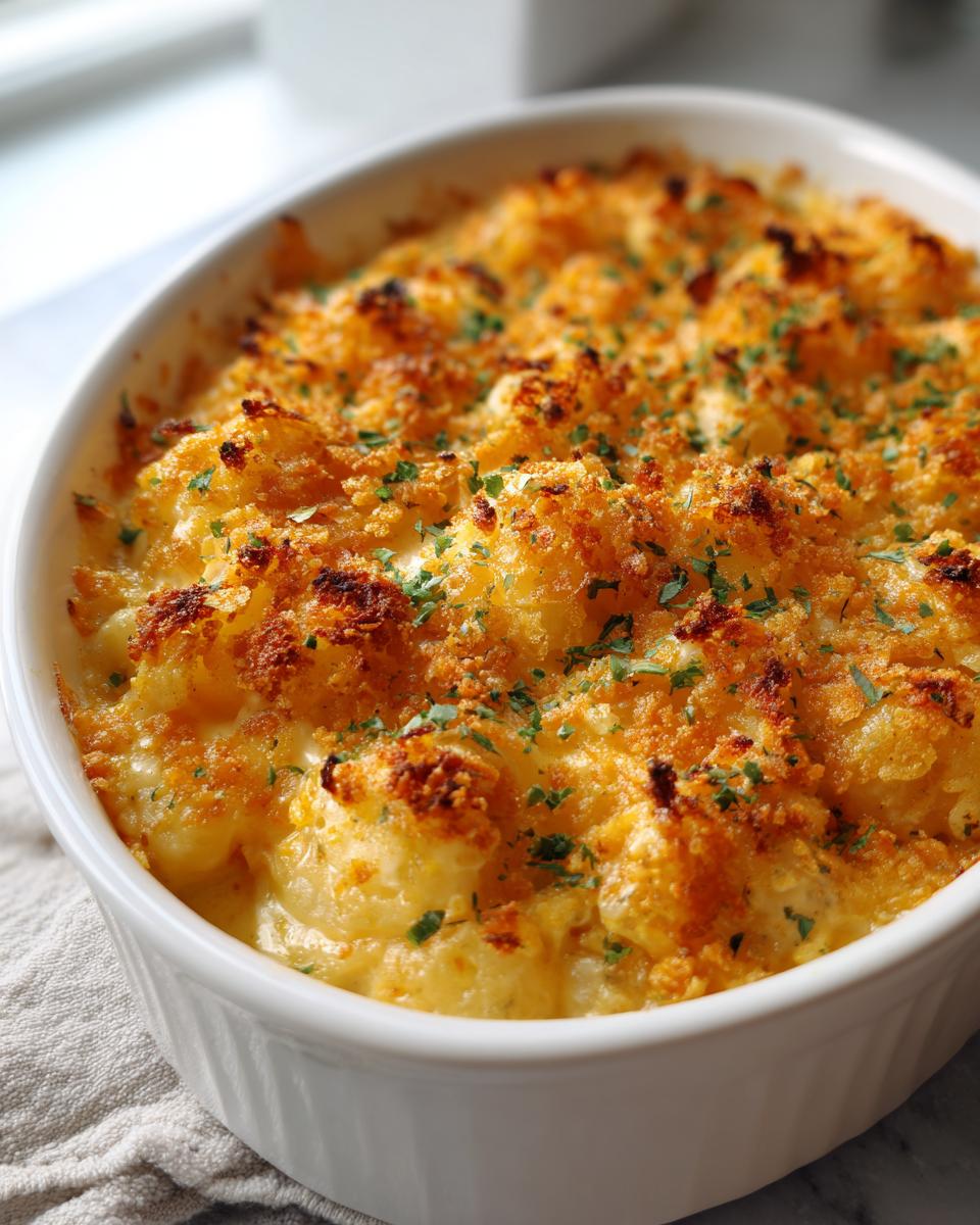Close-up of a baked cheesy potato casserole with a golden, crispy breadcrumb topping in a white oval dish.