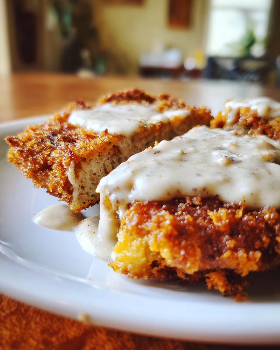 Close-up of two pieces of crispy, golden brown chicken fried steak smothered in white country gravy.