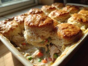 A biscuit is being lifted from a baking dish revealing creamy chicken pot pie casserole filling with peas and carrots.