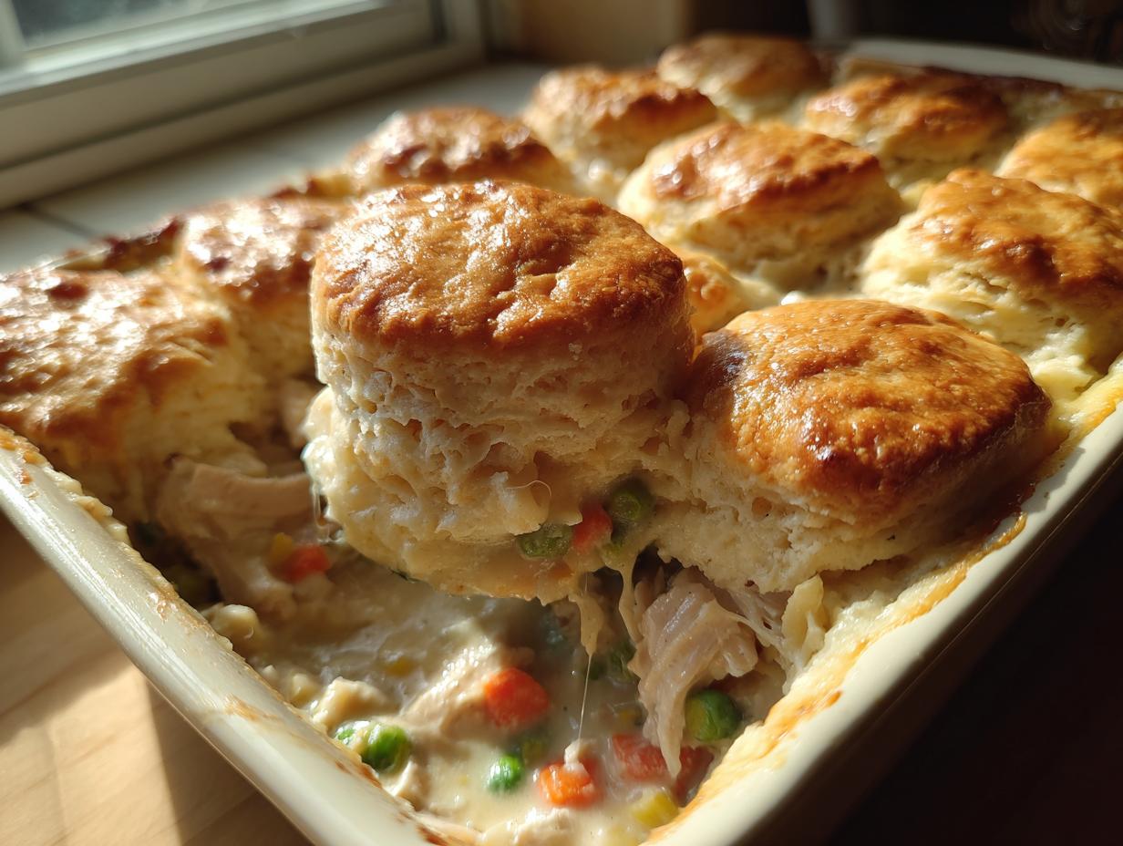 A biscuit is being lifted from a baking dish revealing creamy chicken pot pie casserole filling with peas and carrots.