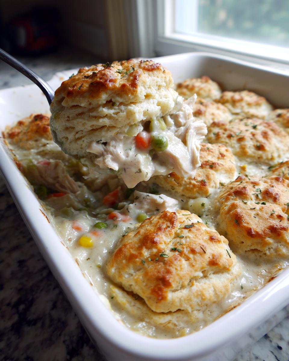 A spoonful of creamy chicken pot pie casserole filling and shredded chicken being lifted from a white baking dish topped with golden biscuits.