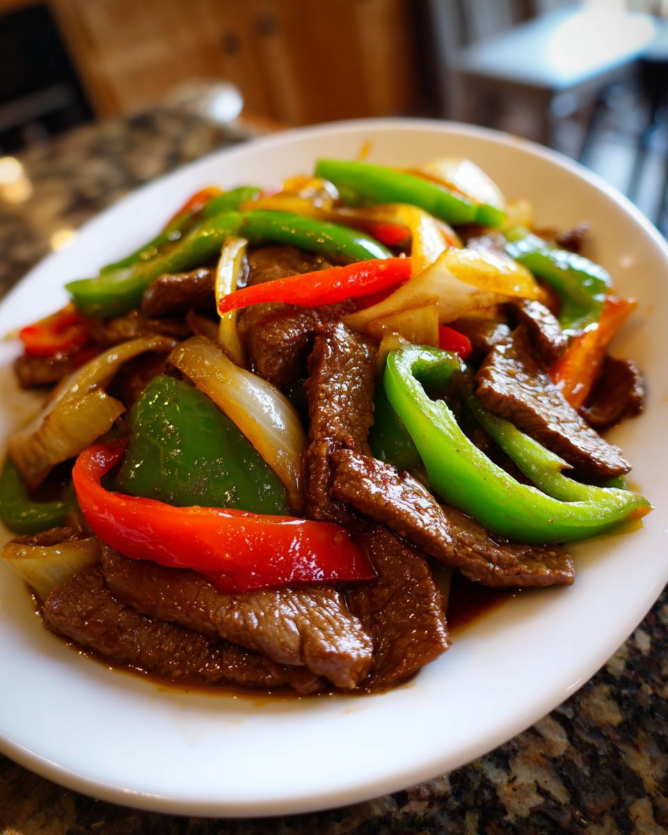 Close-up of savory Chinese pepper steak featuring tender beef strips mixed with bright green and red bell peppers and onions.