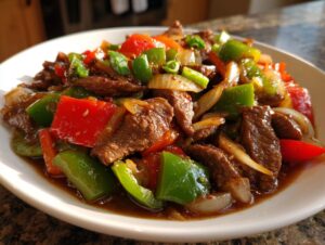 A close-up of vibrant Chinese pepper steak featuring tender beef strips, green and red bell peppers, and onions in a savory sauce.
