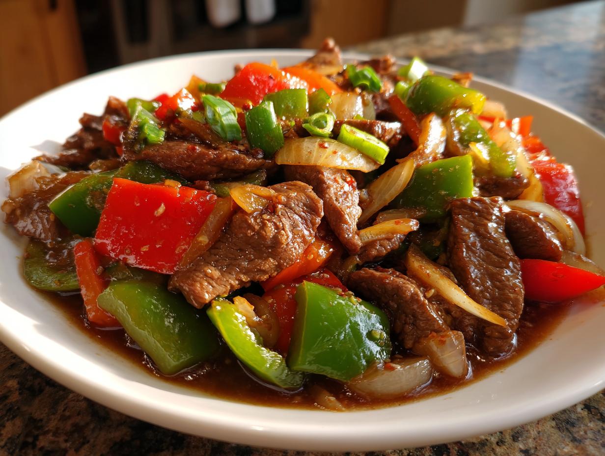 A close-up of vibrant Chinese pepper steak featuring tender beef strips, green and red bell peppers, and onions in a savory sauce.