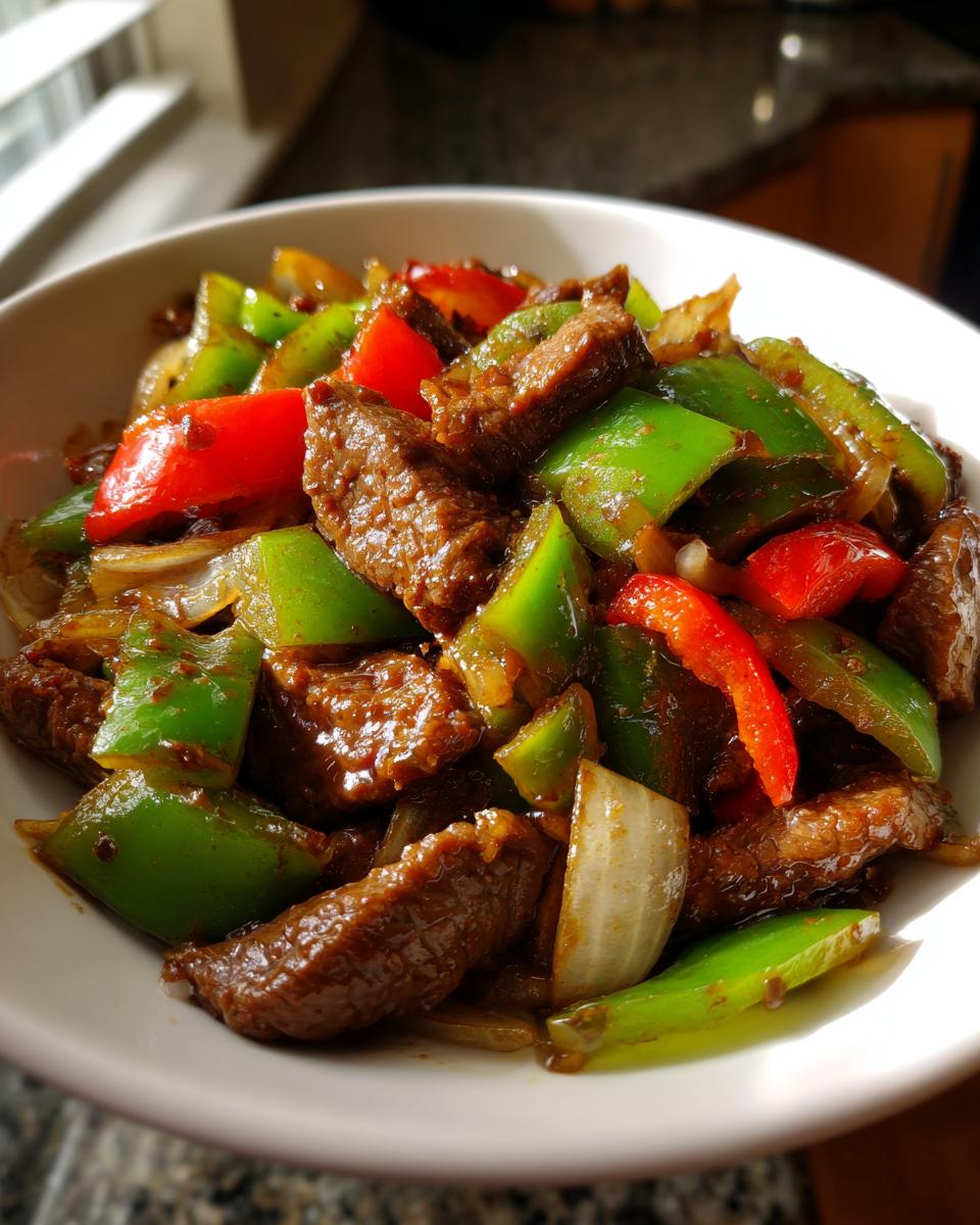 A close-up of glossy, saucy Chinese pepper steak mixed with bright green and red bell peppers and onions in a white bowl.