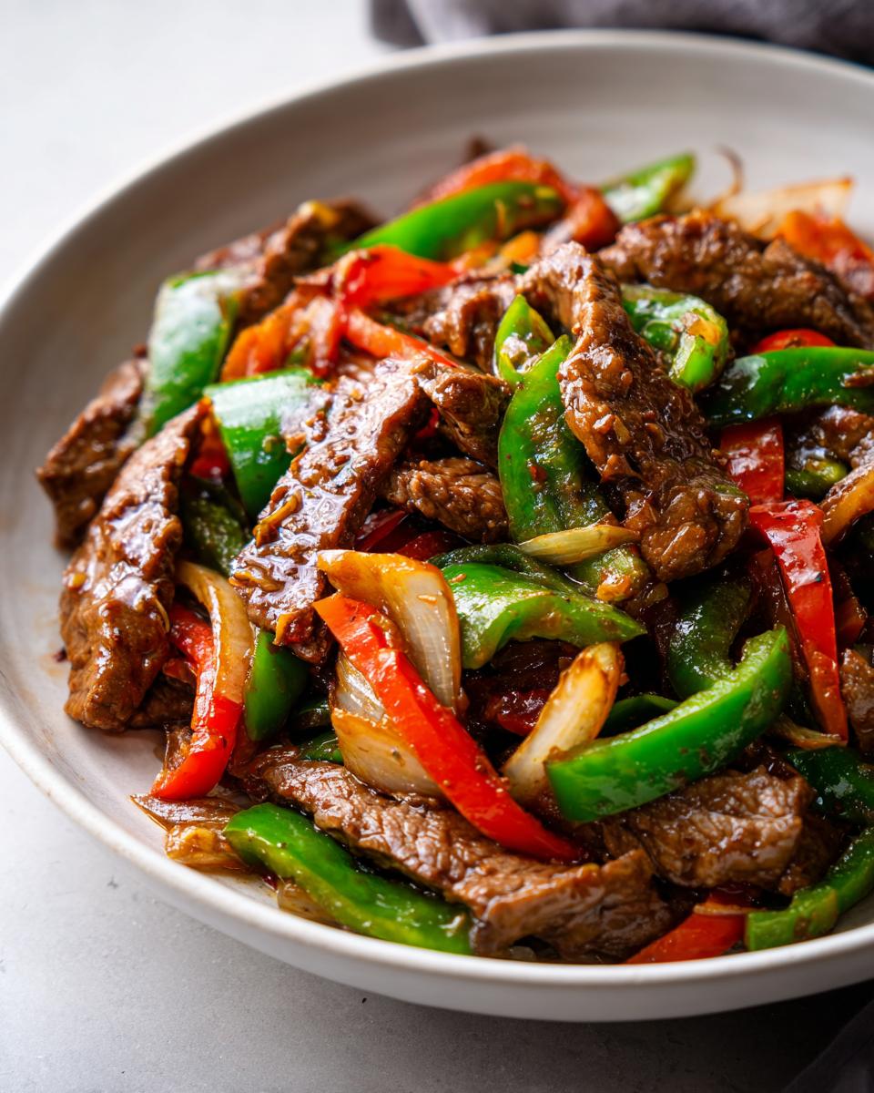 A close-up of glossy, saucy Chinese pepper steak mixed with vibrant green and red bell peppers and onions in a light bowl.