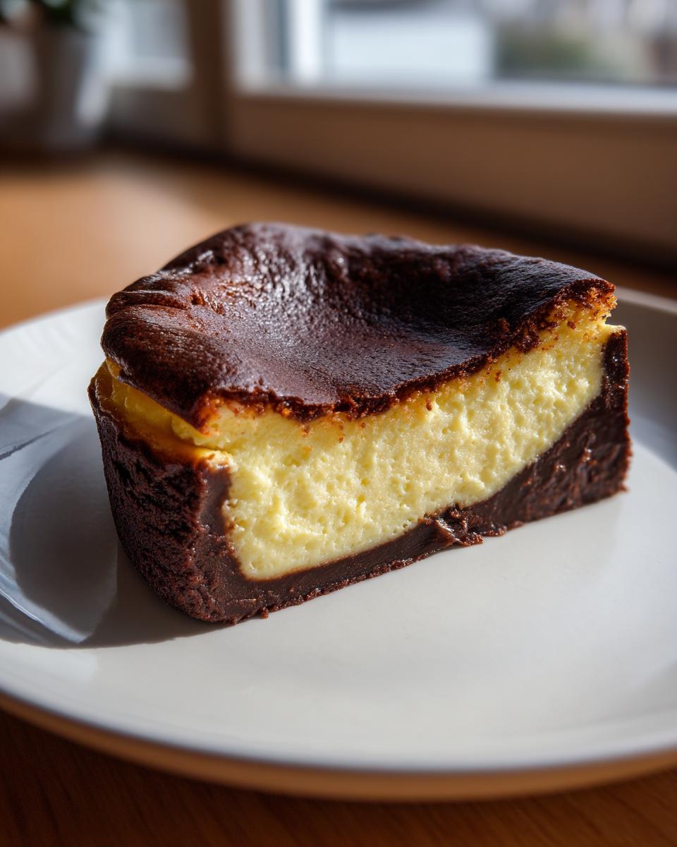 A close-up slice of chocolate basque cheesecake showing a creamy yellow center and dark, caramelized top.