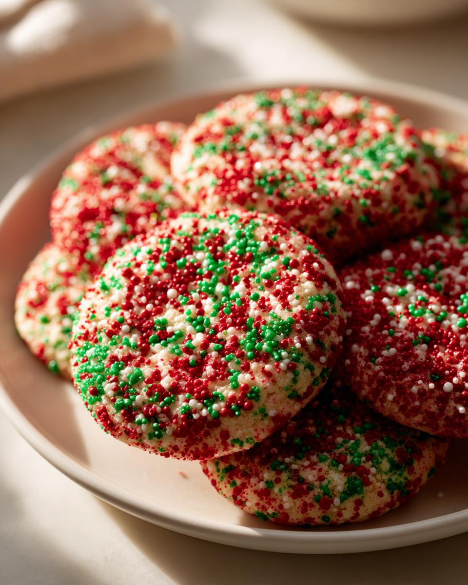 A close-up of several soft Christmas sprinkle sugar cookies covered in festive red, green, and white nonpareils.
