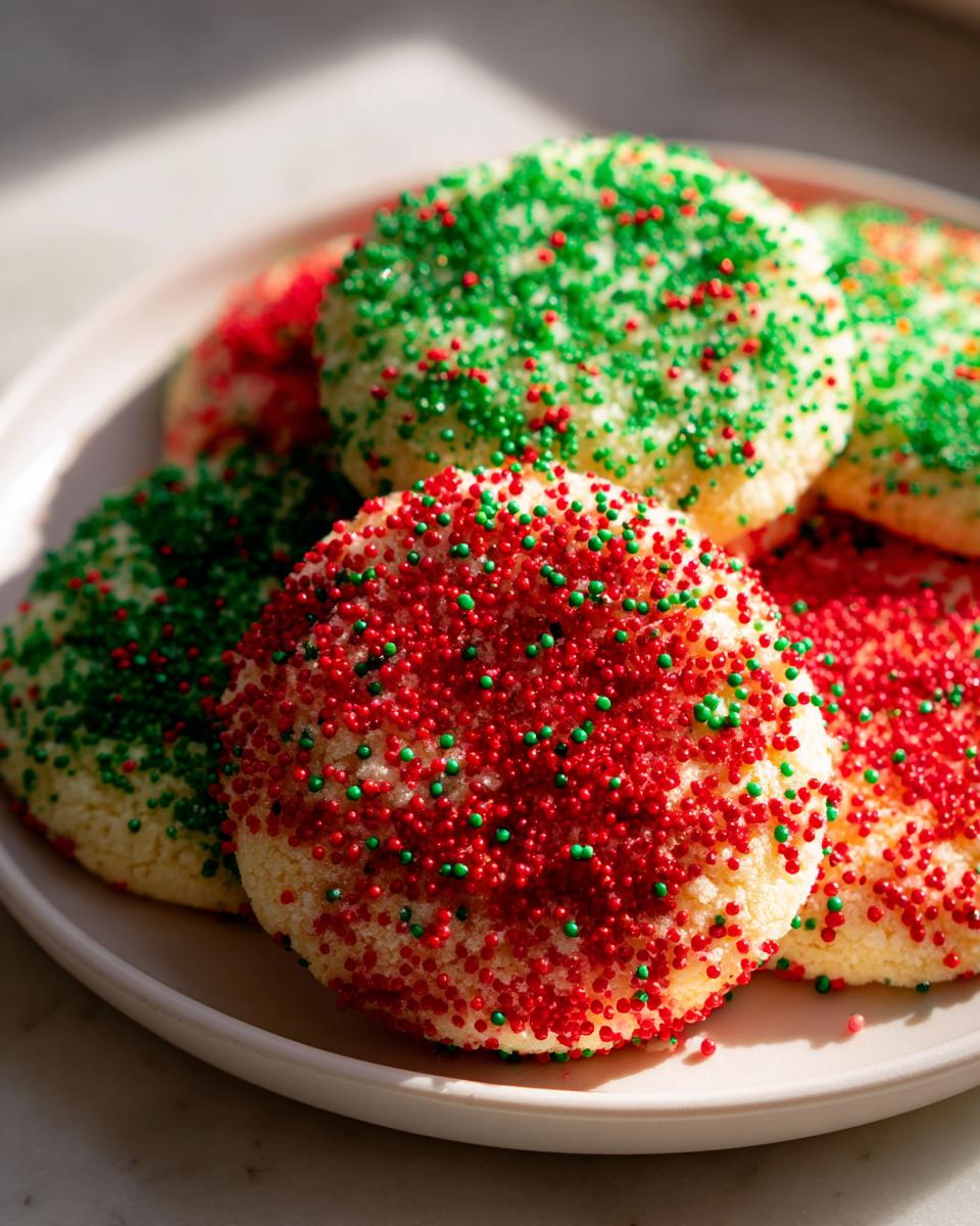 Close-up of soft Christmas sprinkle sugar cookies topped generously with red and green nonpareils.