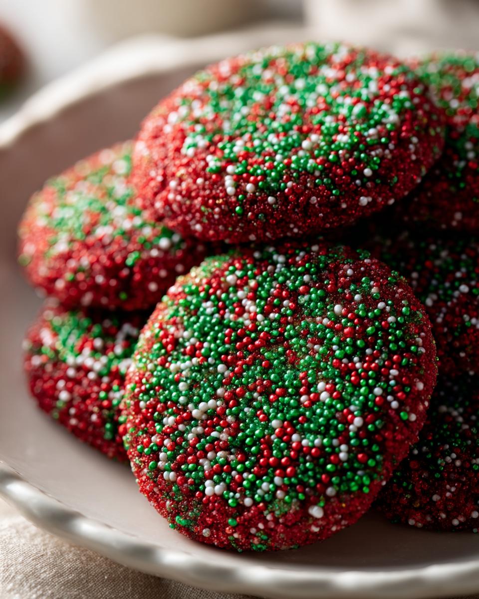 A close-up stack of vibrant red Christmas sprinkle sugar cookies covered in red, green, and white nonpareils.