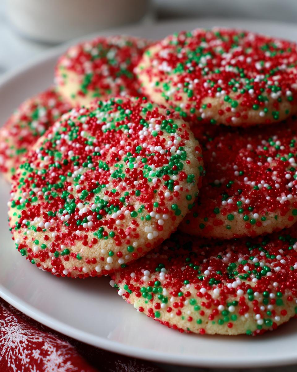 A stack of freshly baked Christmas sprinkle sugar cookies covered in red, green, and white nonpareils.