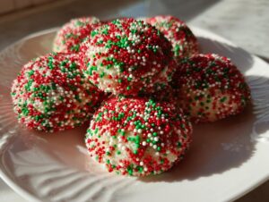A stack of soft Christmas sprinkle sugar cookies completely coated in red, green, and white nonpareils.