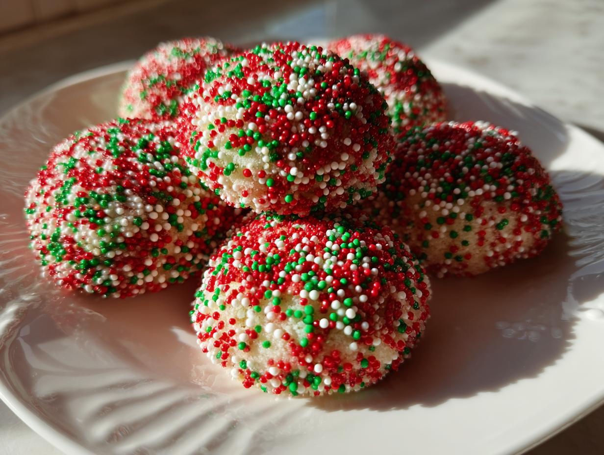 A stack of soft Christmas sprinkle sugar cookies completely coated in red, green, and white nonpareils.
