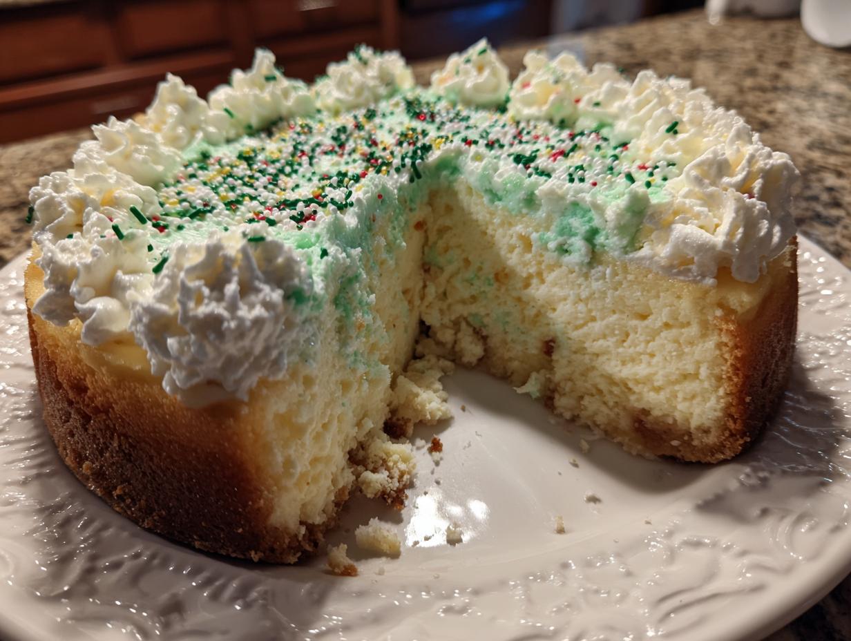 A slice removed from a festive Christmas tree cheesecake topped with green frosting, sprinkles, and piped whipped cream.
