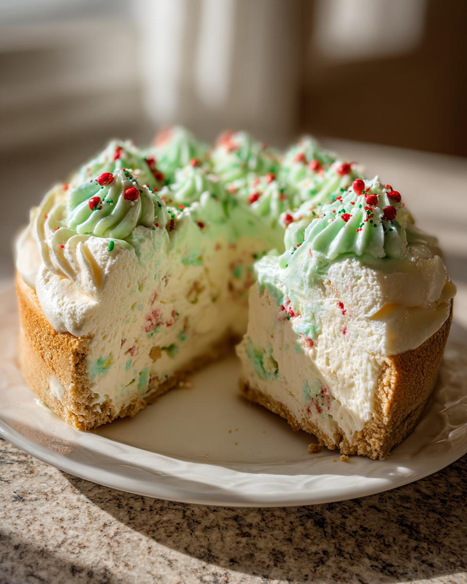 A close-up of a festive Christmas tree cheesecake with a slice removed, showing green swirls and red/green sprinkles.