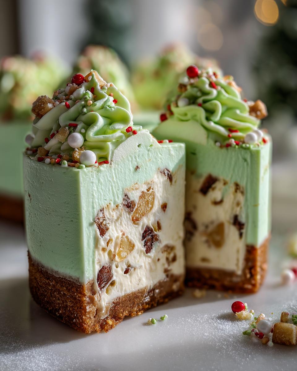 Two individual slices of Christmas tree cheesecake featuring a graham cracker crust, creamy filling with fruit pieces, and light green frosting.
