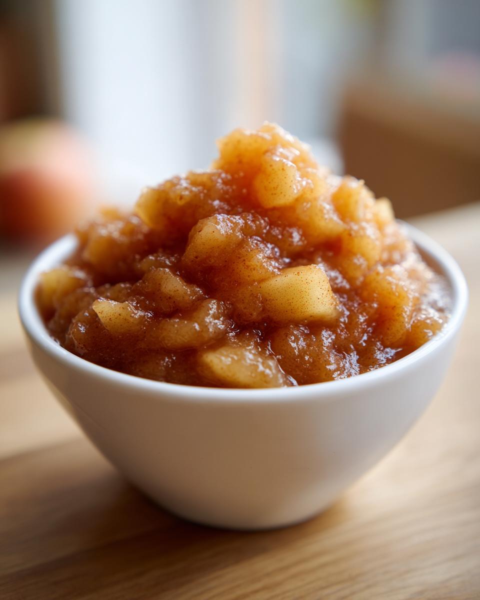 Close-up of chunky, cinnamon-spiced homemade applesauce served in a small white bowl.