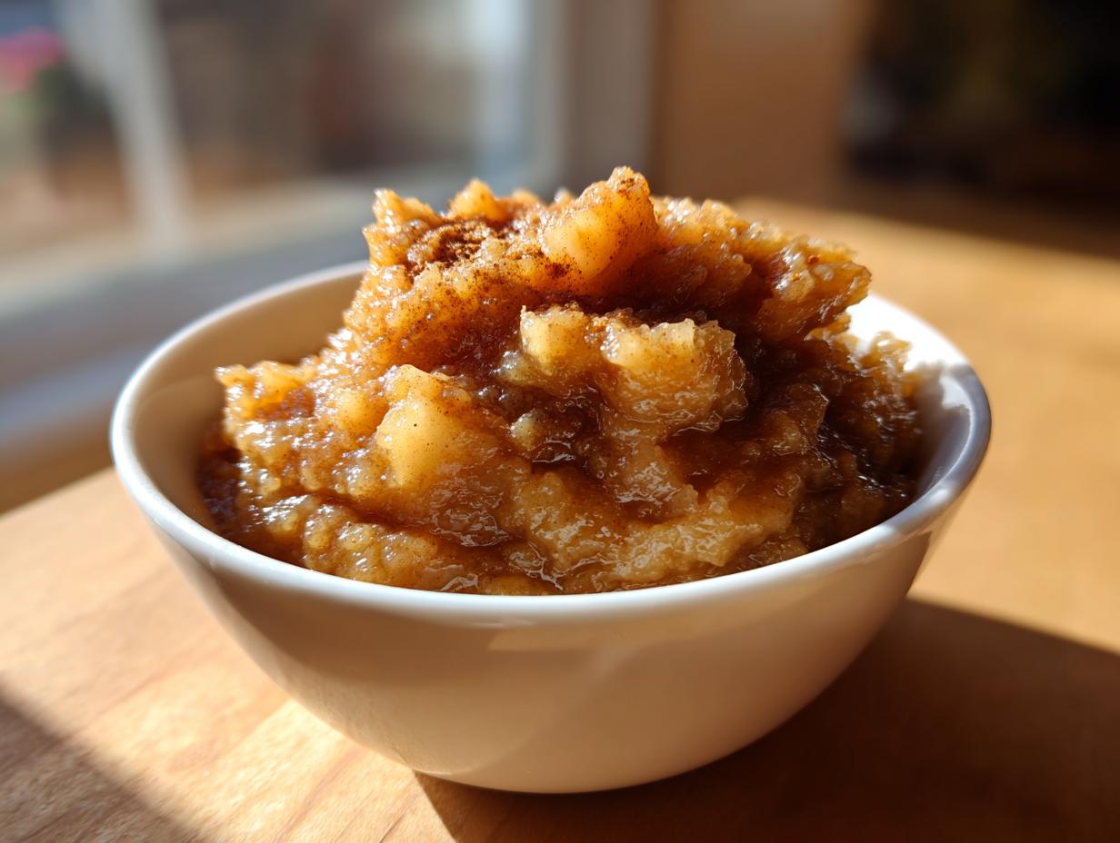 Close-up of chunky homemade applesauce, richly colored and sprinkled with cinnamon, served in a white bowl.