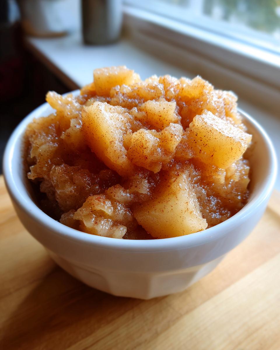 Close-up of chunky homemade applesauce, generously sprinkled with cinnamon, served in a white bowl.