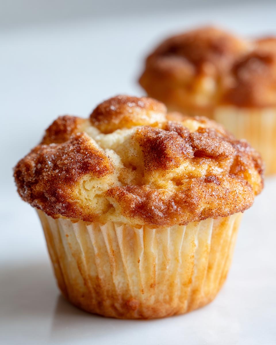 A close-up of a freshly baked french toast muffin topped with a crunchy cinnamon sugar crust.
