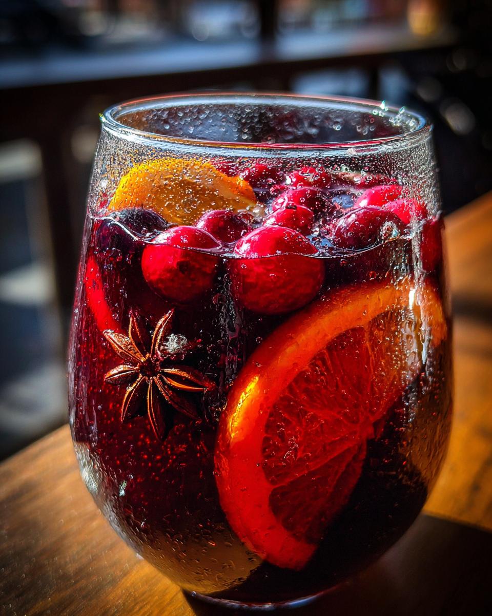 A close-up of a glass filled with dark red holiday sangria, garnished with orange slices, cranberries, and star anise.