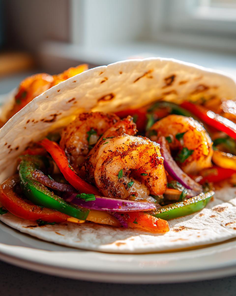 Close-up of seasoned shrimp fajitas overflowing with colorful peppers and onions in a soft flour tortilla.
