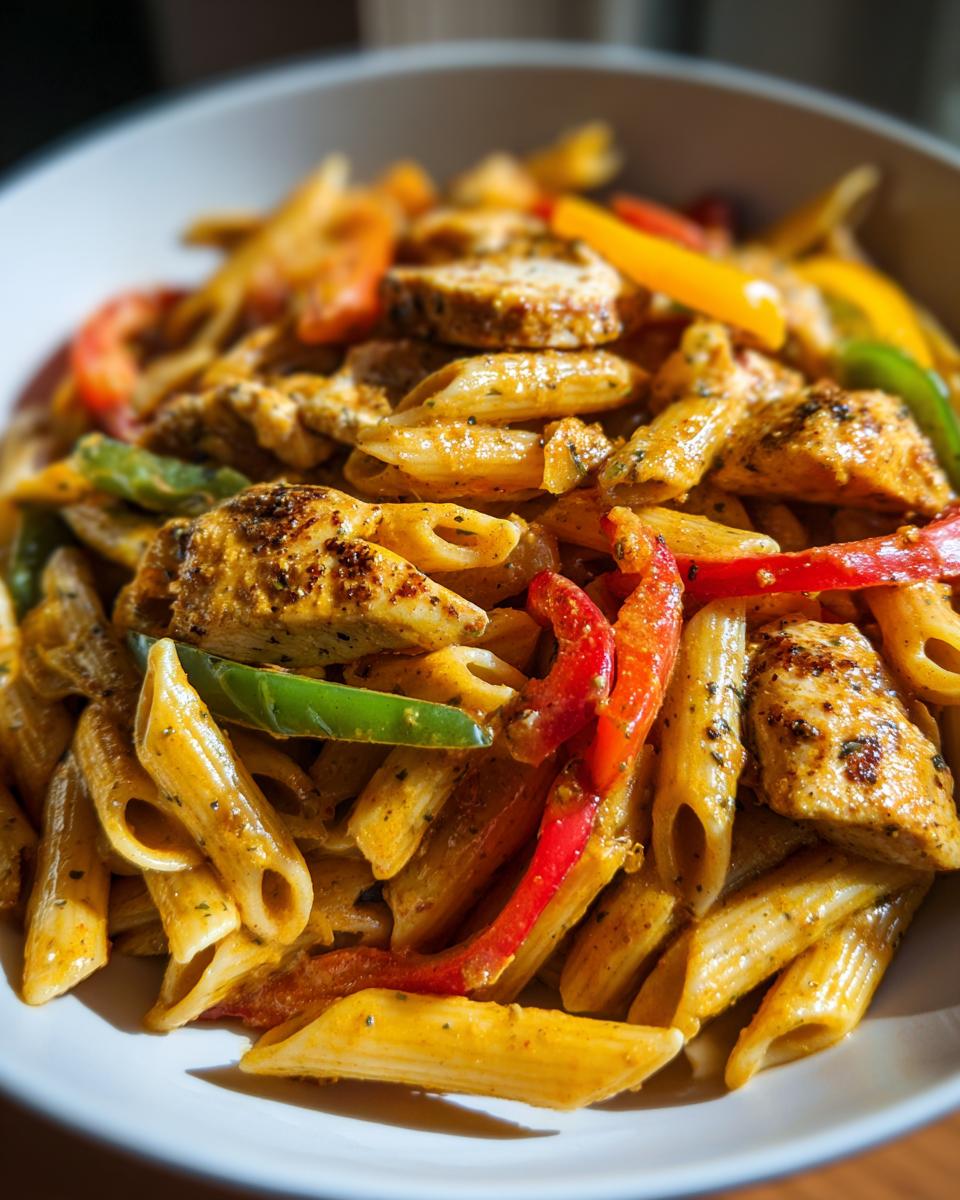 Close-up of vibrant Rasta Pasta featuring penne, seasoned chicken pieces, and colorful bell peppers in a creamy sauce.