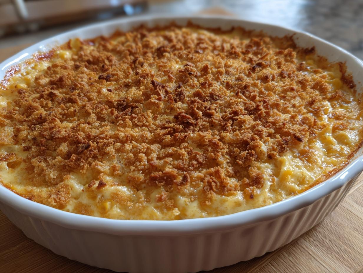 A freshly baked cream cheese corn casserole in a white oval dish, featuring a golden brown, crunchy crumb topping.