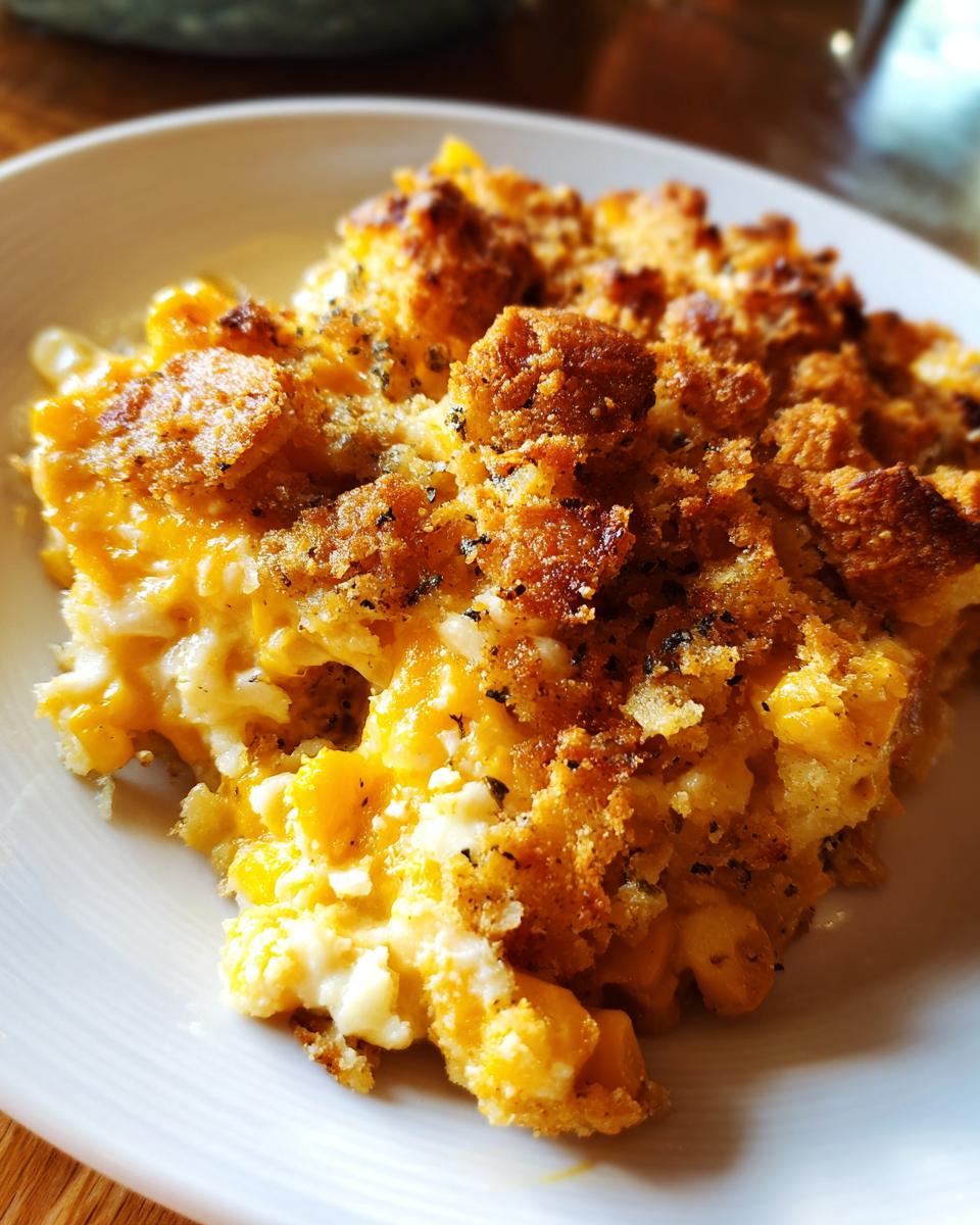 A close-up serving of rich, cheesy cream cheese corn casserole topped with golden brown, seasoned breadcrumbs.