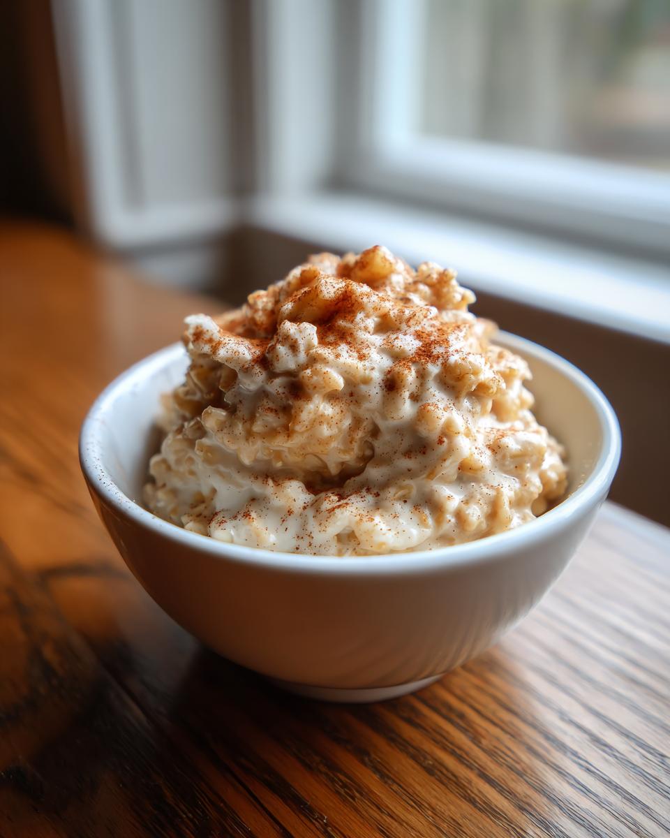 A close-up of creamy apple cinnamon oatmeal topped with a dusting of cinnamon in a white bowl.