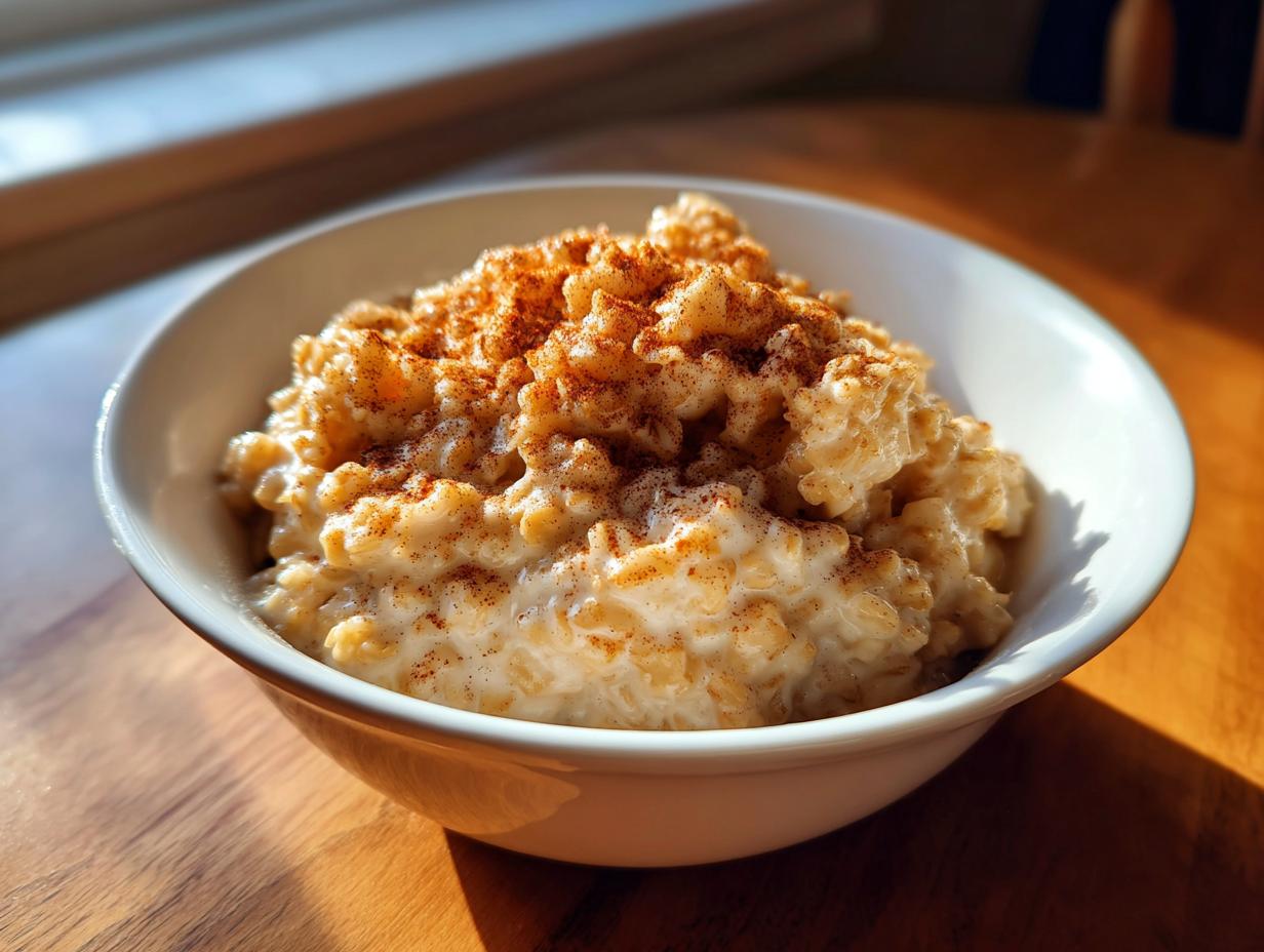 Close-up of creamy apple cinnamon oatmeal topped generously with ground cinnamon in a white bowl.