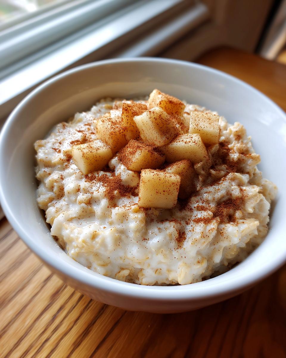 Close-up of creamy apple cinnamon oatmeal topped with diced apples and cinnamon powder in a white bowl.