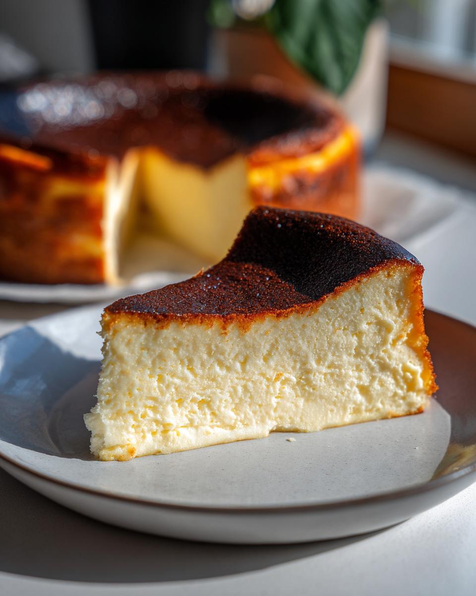 A close-up slice of creamy Basque burnt cheesecake with a dark caramelized top, served on a light plate.