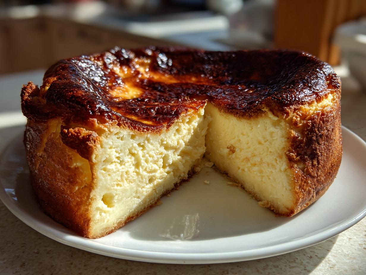 A creamy Basque burnt cheesecake with a dark, caramelized top, sliced open to show the soft interior.